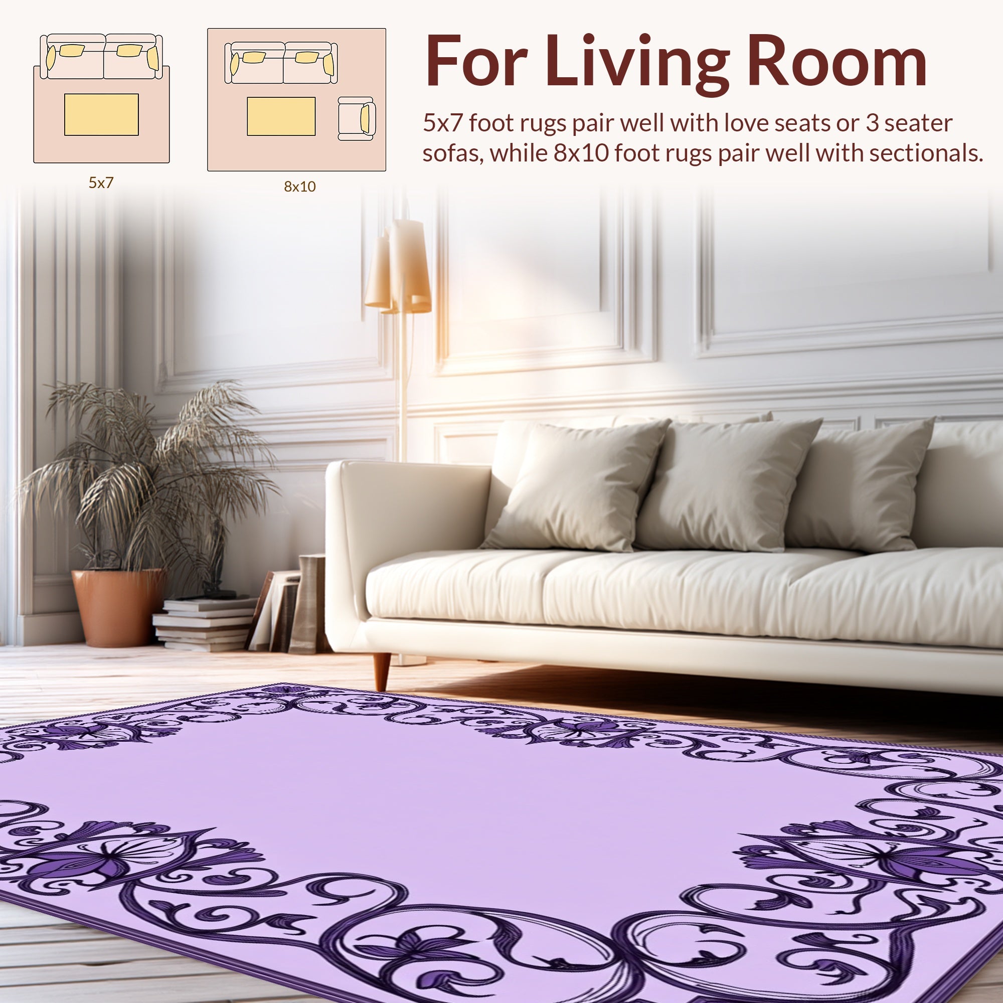 Exquisite Purple Floral Scroll Frame Rug