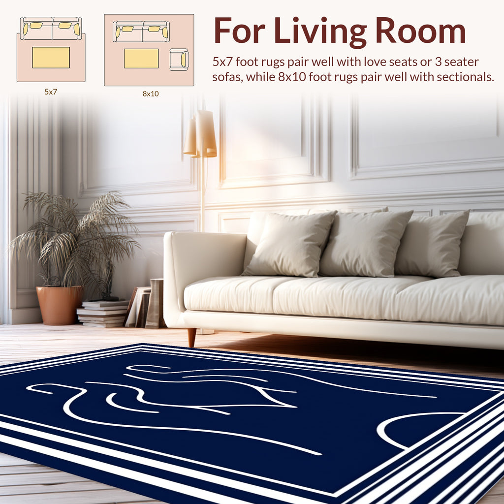 Modern Navy White Abstract Lines Rug