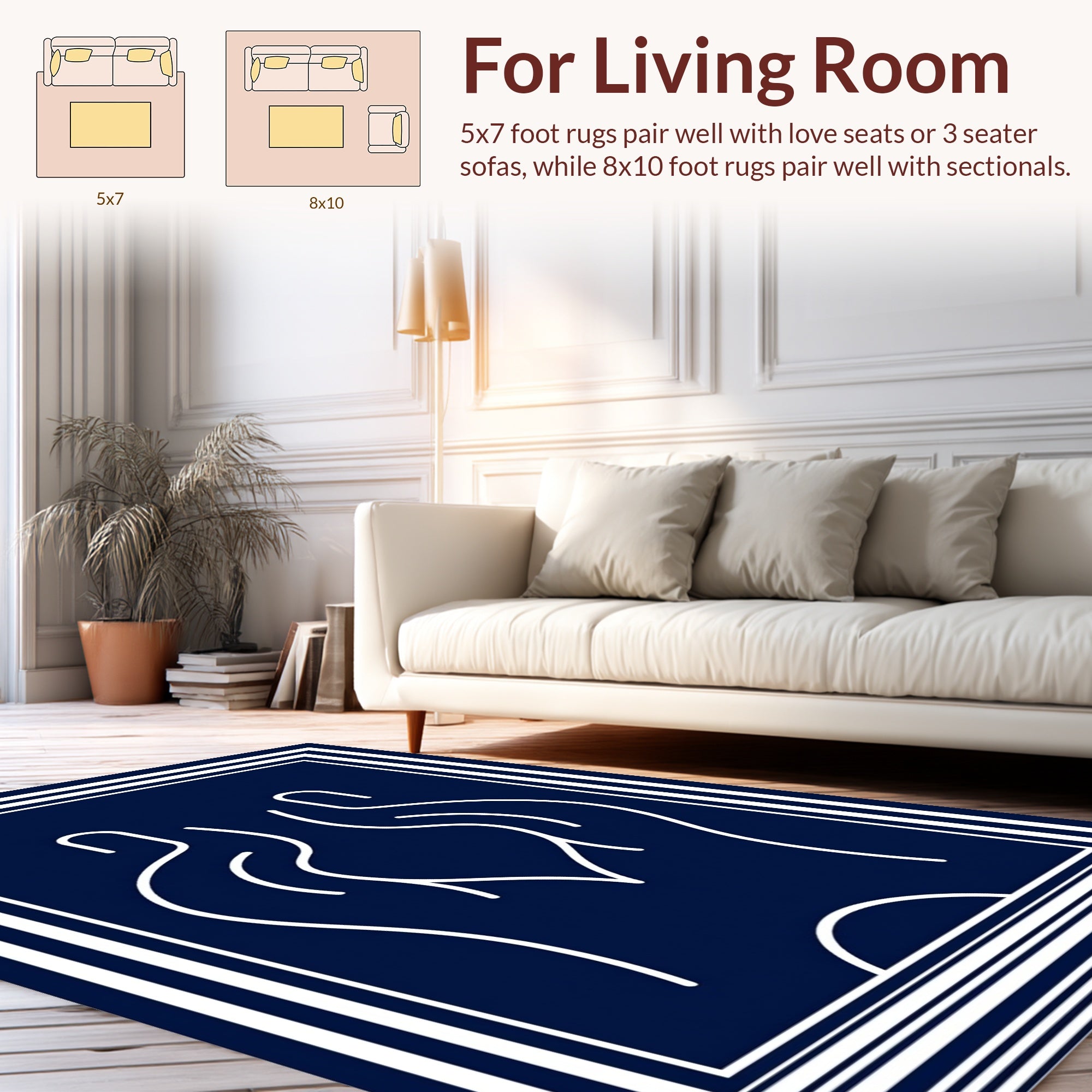 Modern Navy White Abstract Lines Rug