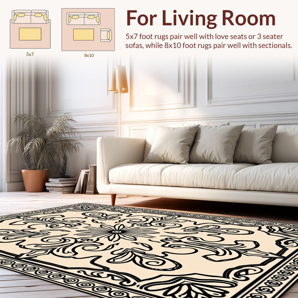 Ornate Black Cream Floral Pattern Rug