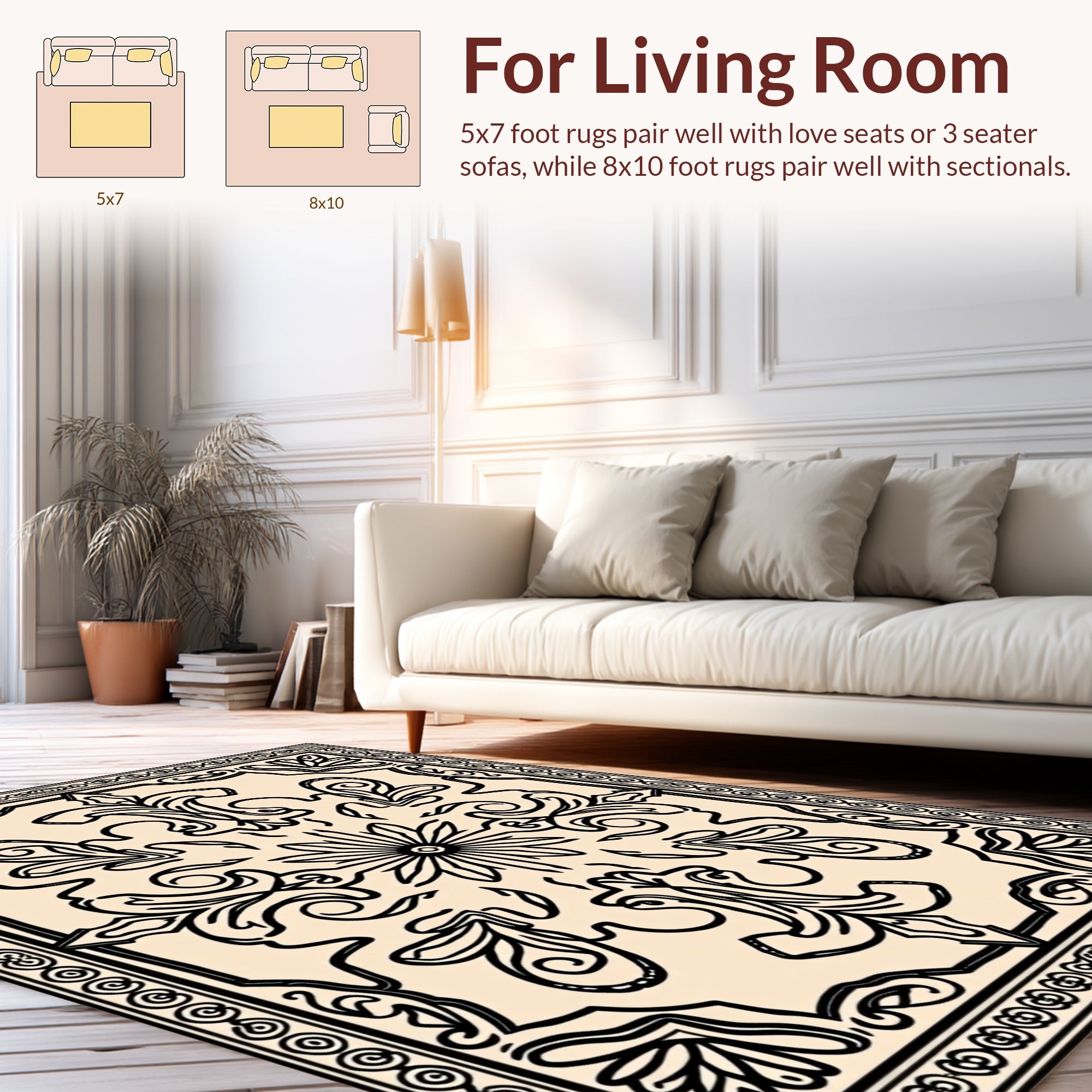 Ornate Black Cream Floral Pattern Rug