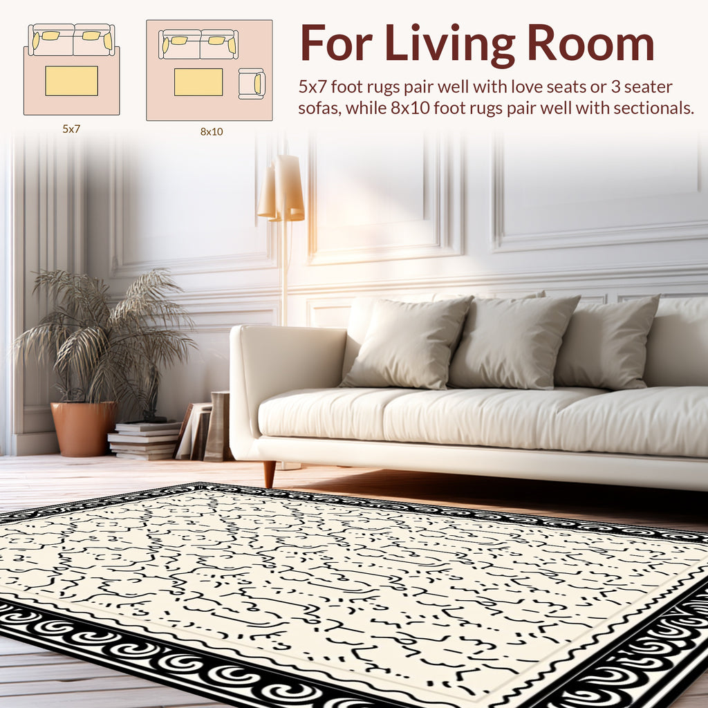Cream Black Abstract Linework Geometric Rug