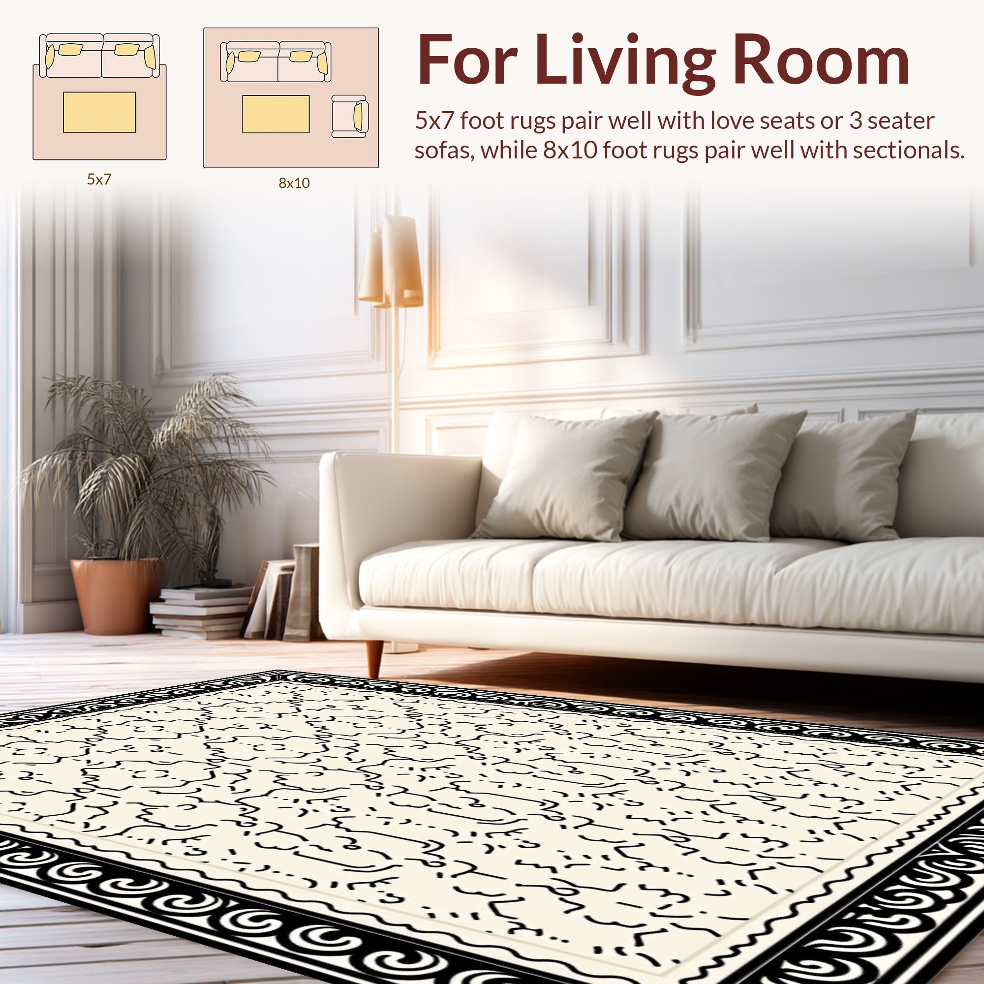 Cream Black Abstract Linework Geometric Rug