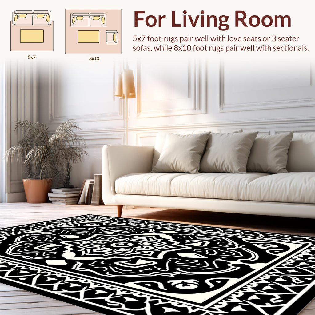 Bold Black White Intricate Mandala Rug