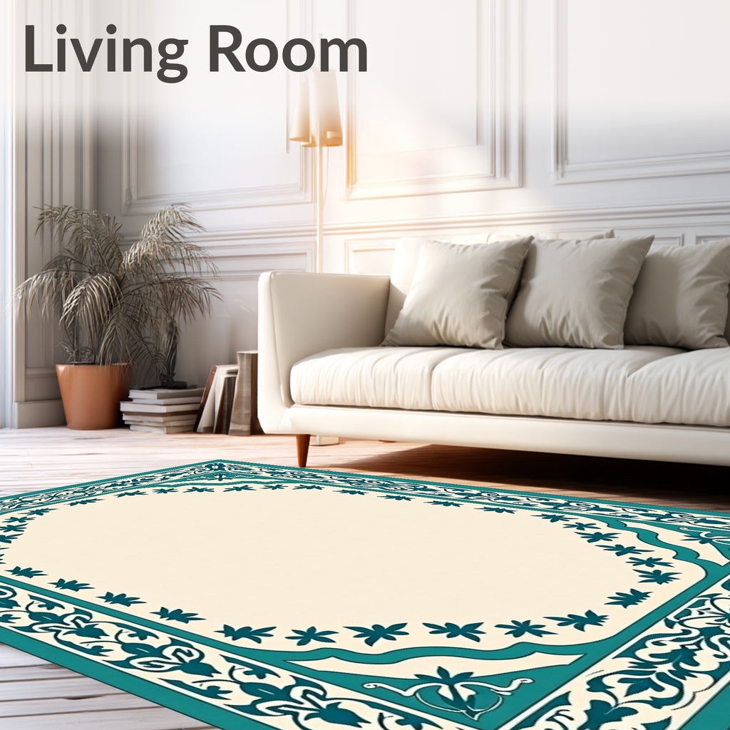 Teal Floral Bordered Classic Design Rug