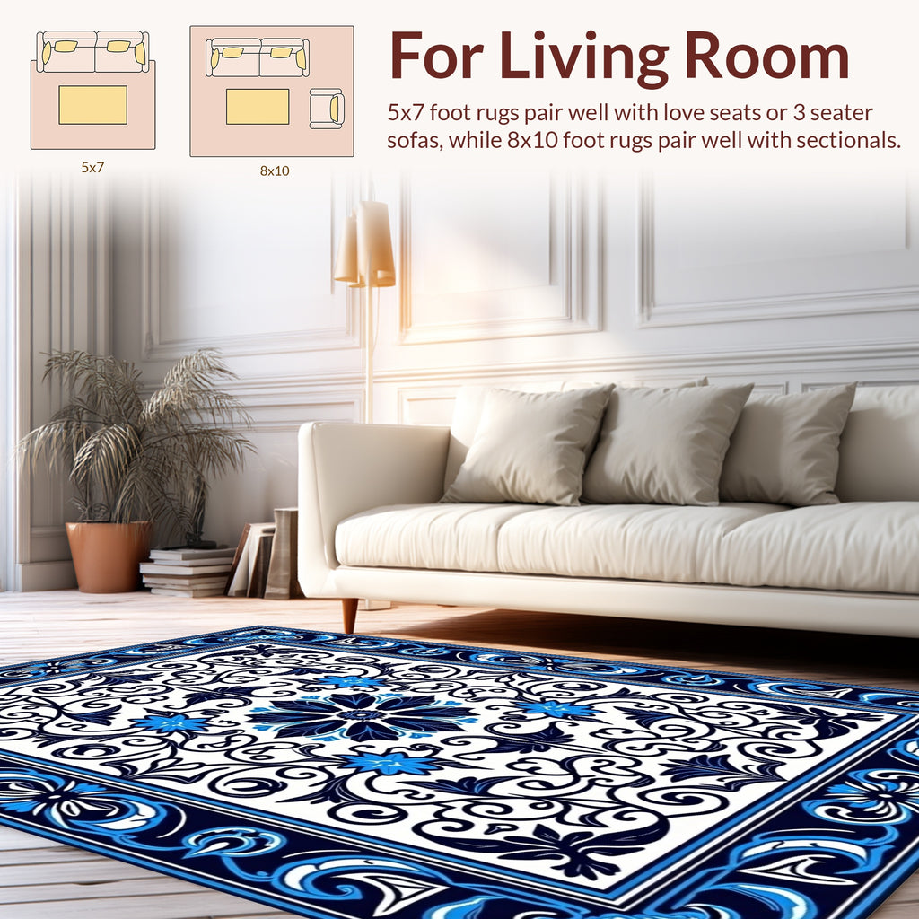 Elegant Blue Floral Intricate Ornament Rug