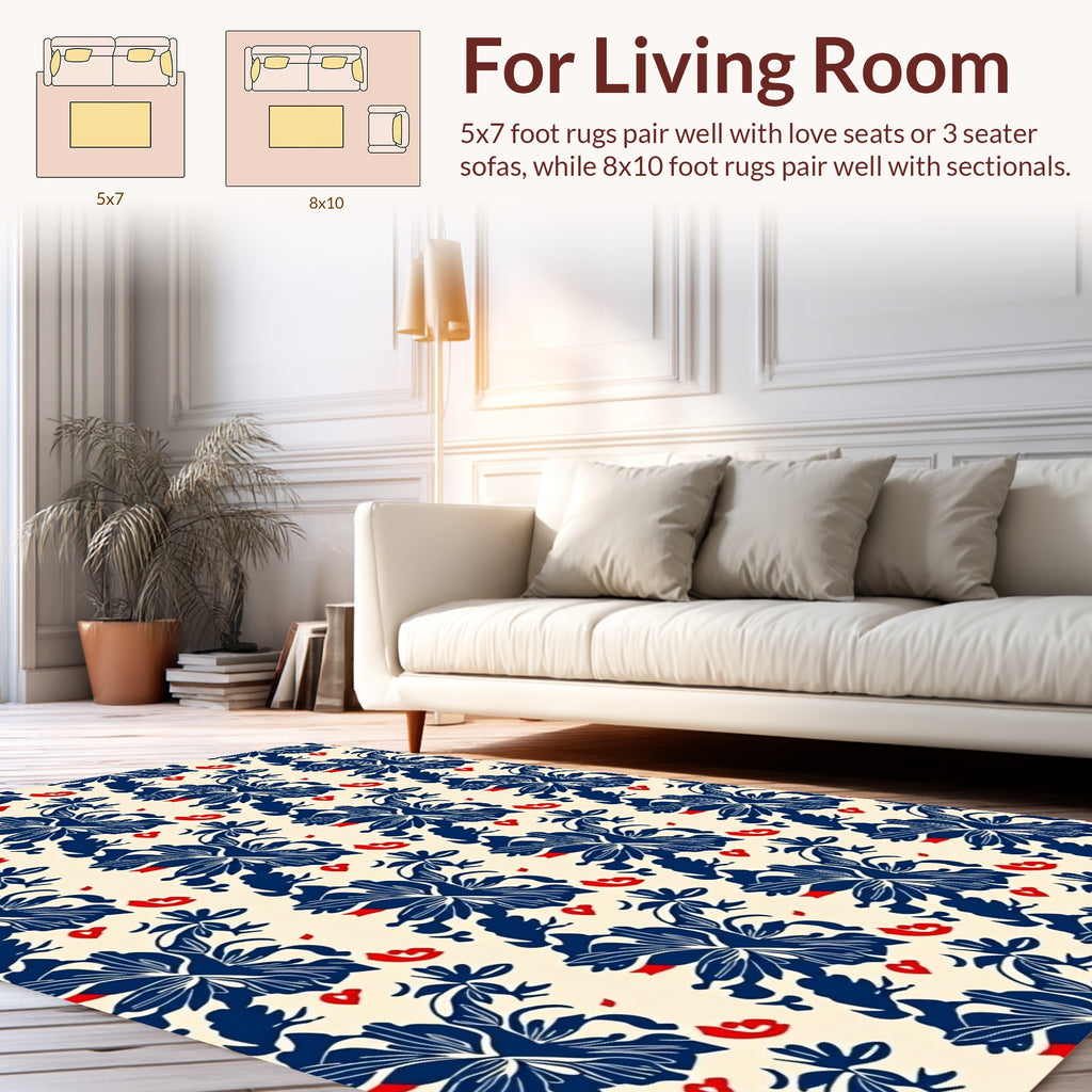 Navy Red Floral Patterned Rug