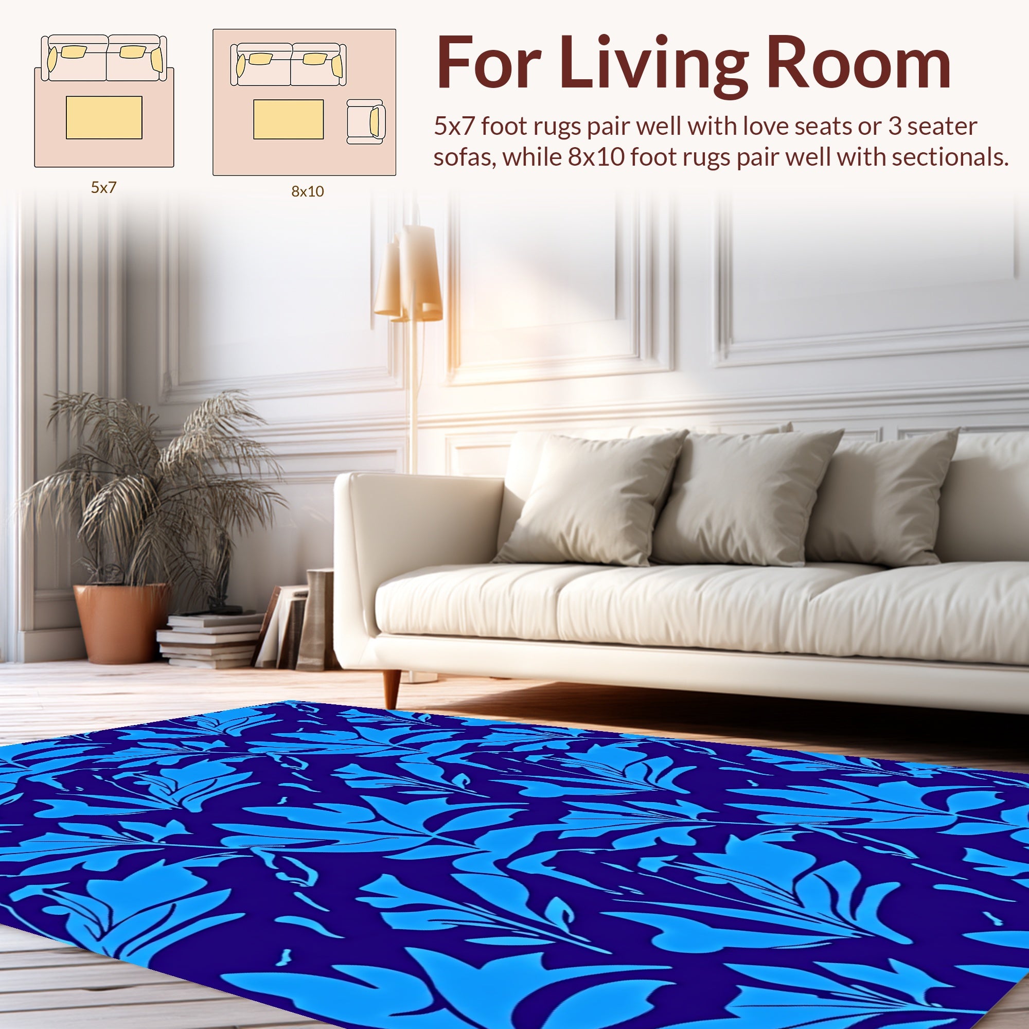 Bold Blue Tropical Leaf Pattern Rug