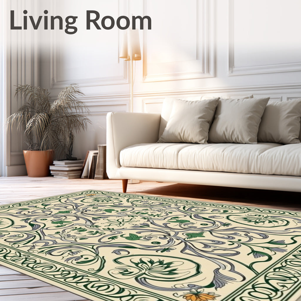 Cream Olive Green Floral Swirl Rug