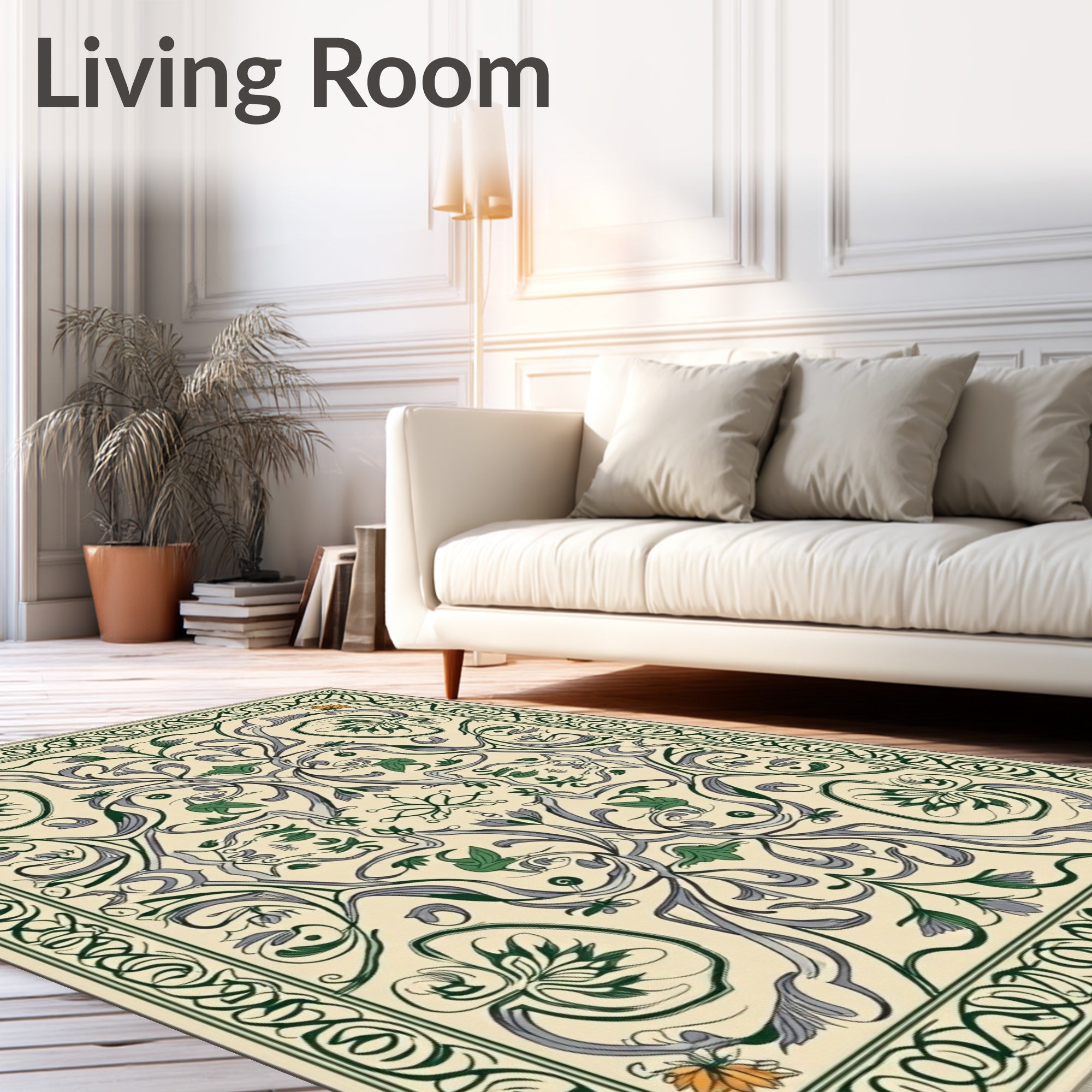 Cream Olive Green Floral Swirl Rug