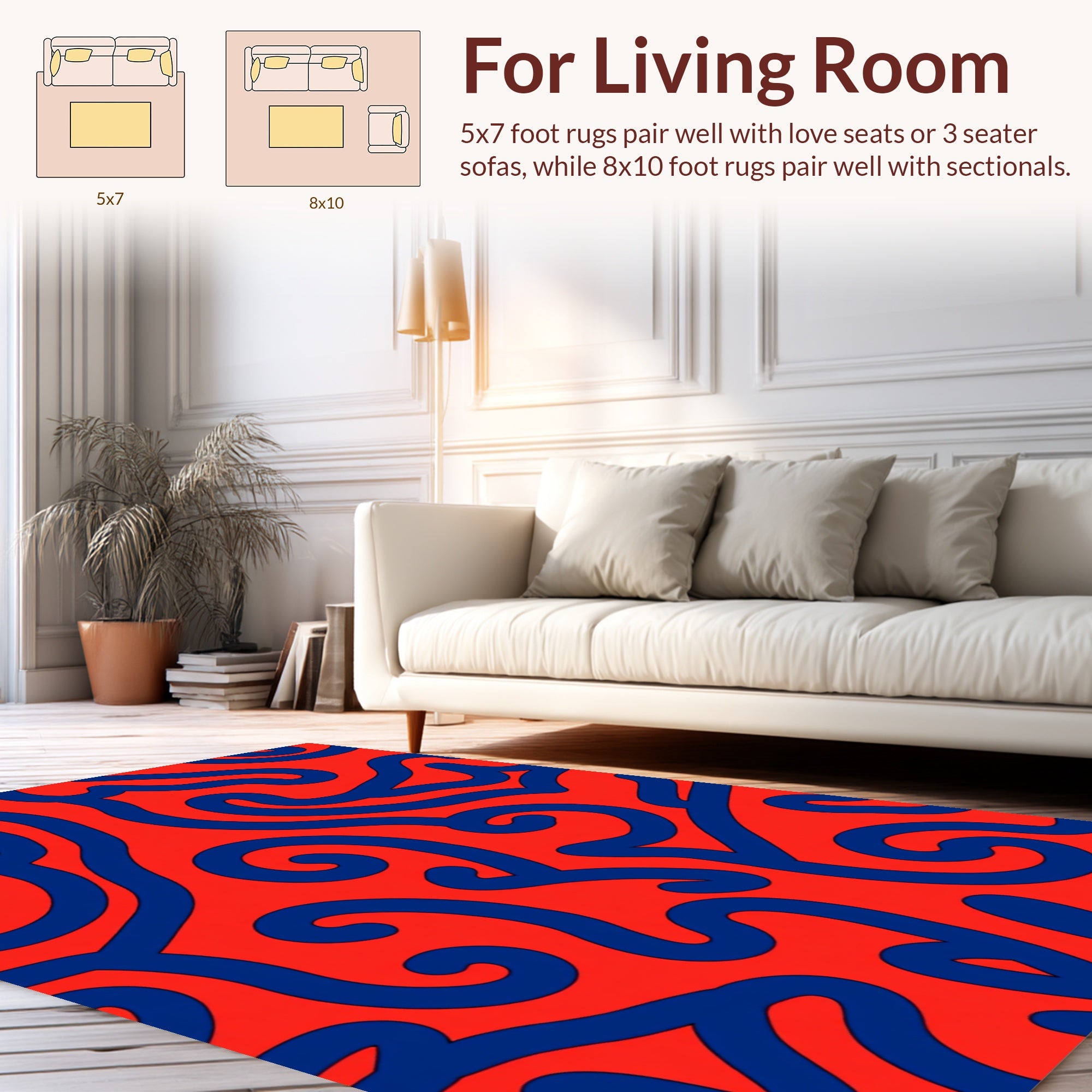 Bold Blue Wavy Red Pattern Rug