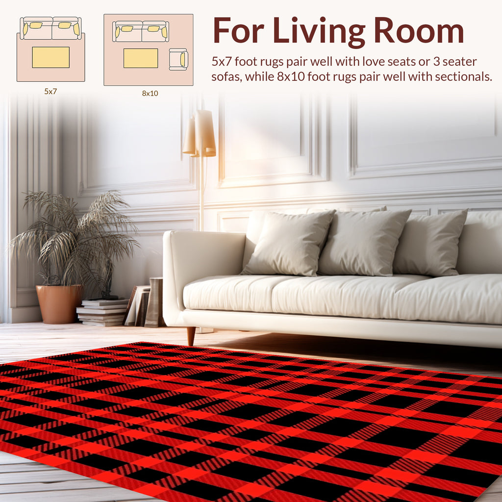 Bold Red Black Plaid Pattern Rug