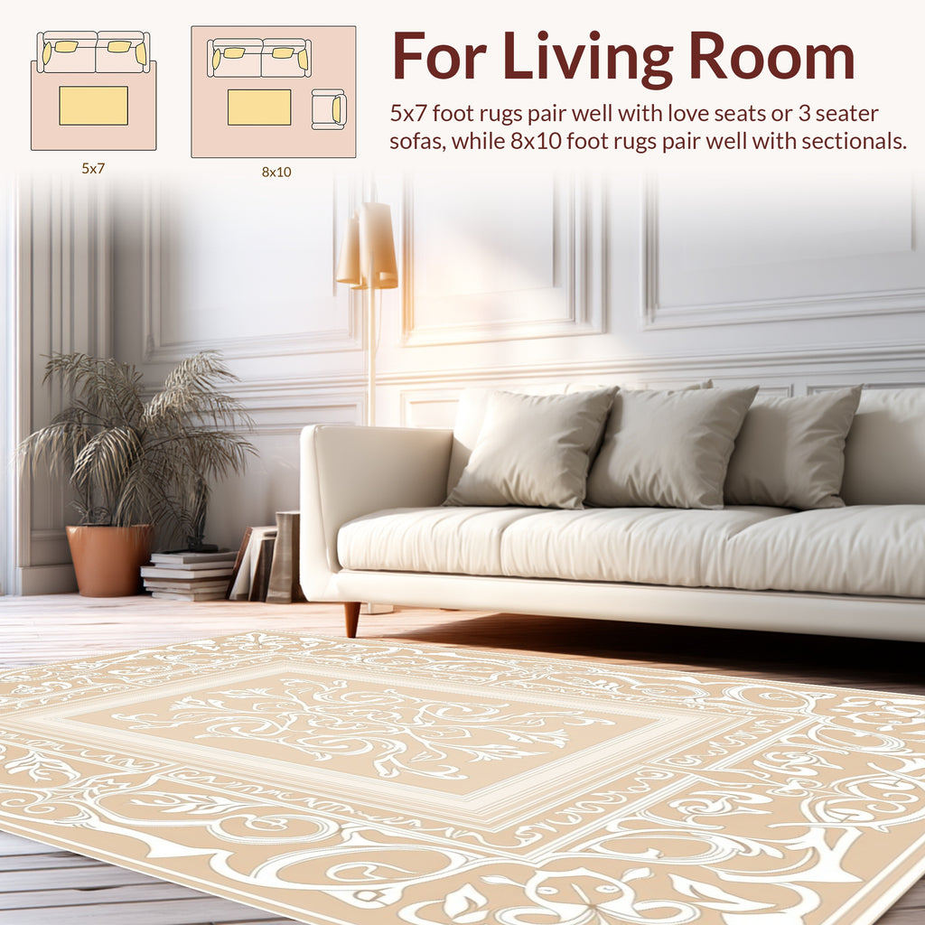 Elegant White Floral Beige Symmetry Rug