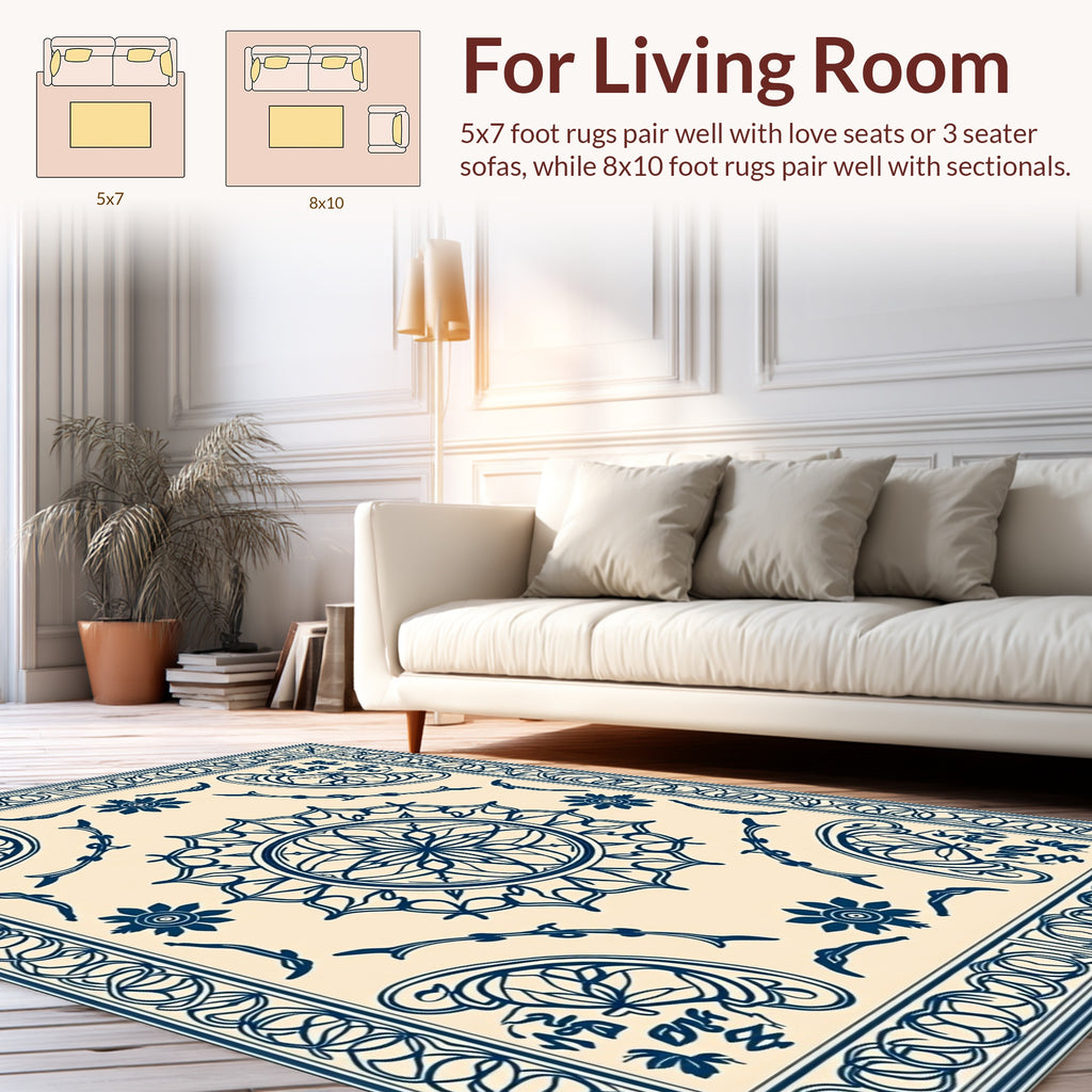 Ornate Navy Blue Mandala Pattern Rug
