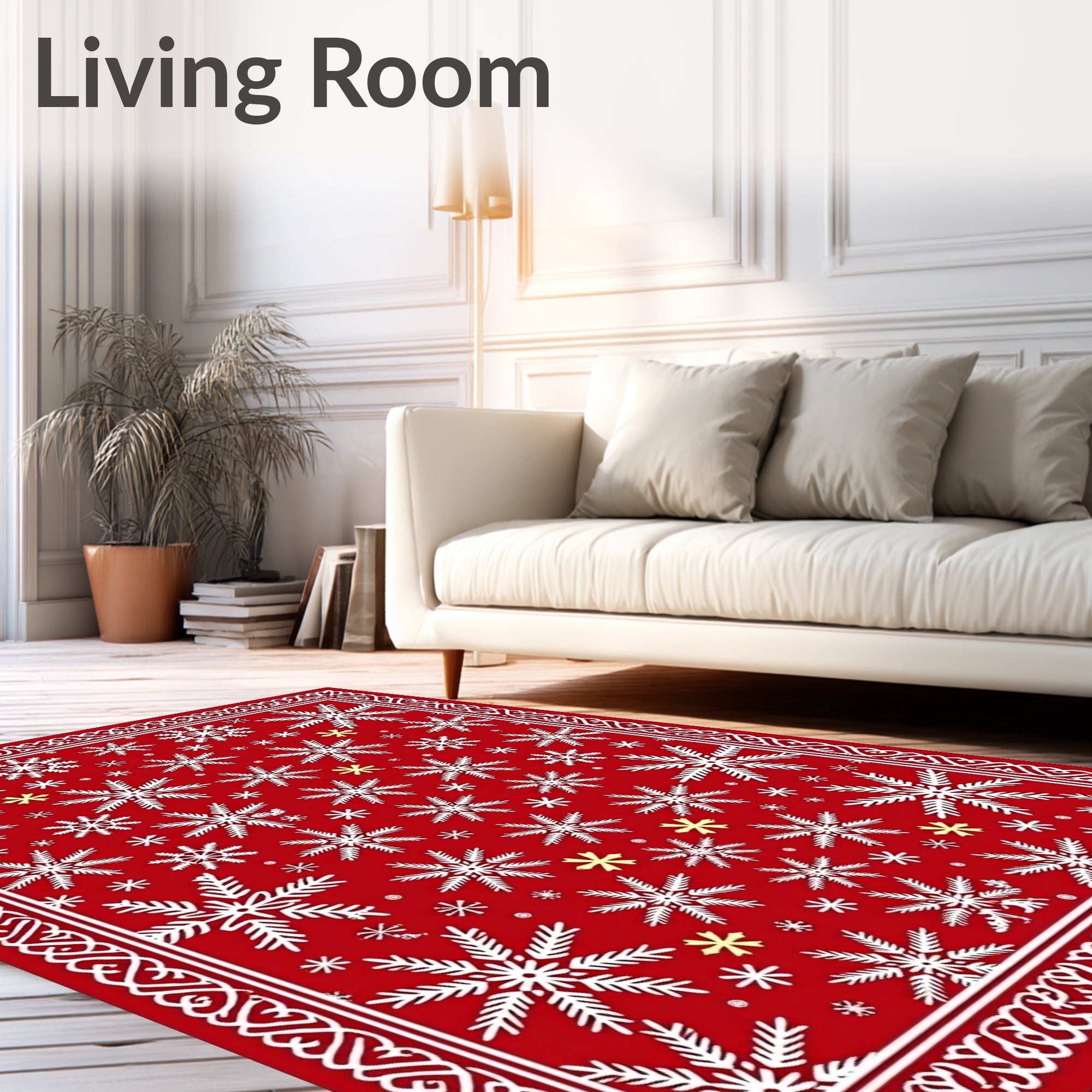 Red White Snowflake Winter Border Rug