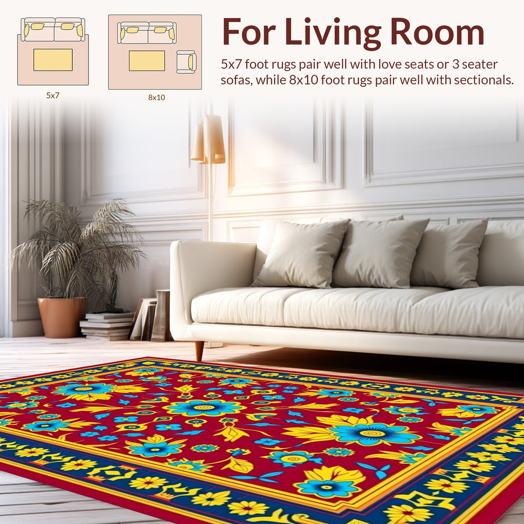 Vibrant Floral Medallion With Geometric Border Rug