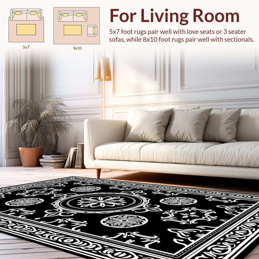 Classic Black White Floral Medallion Rug