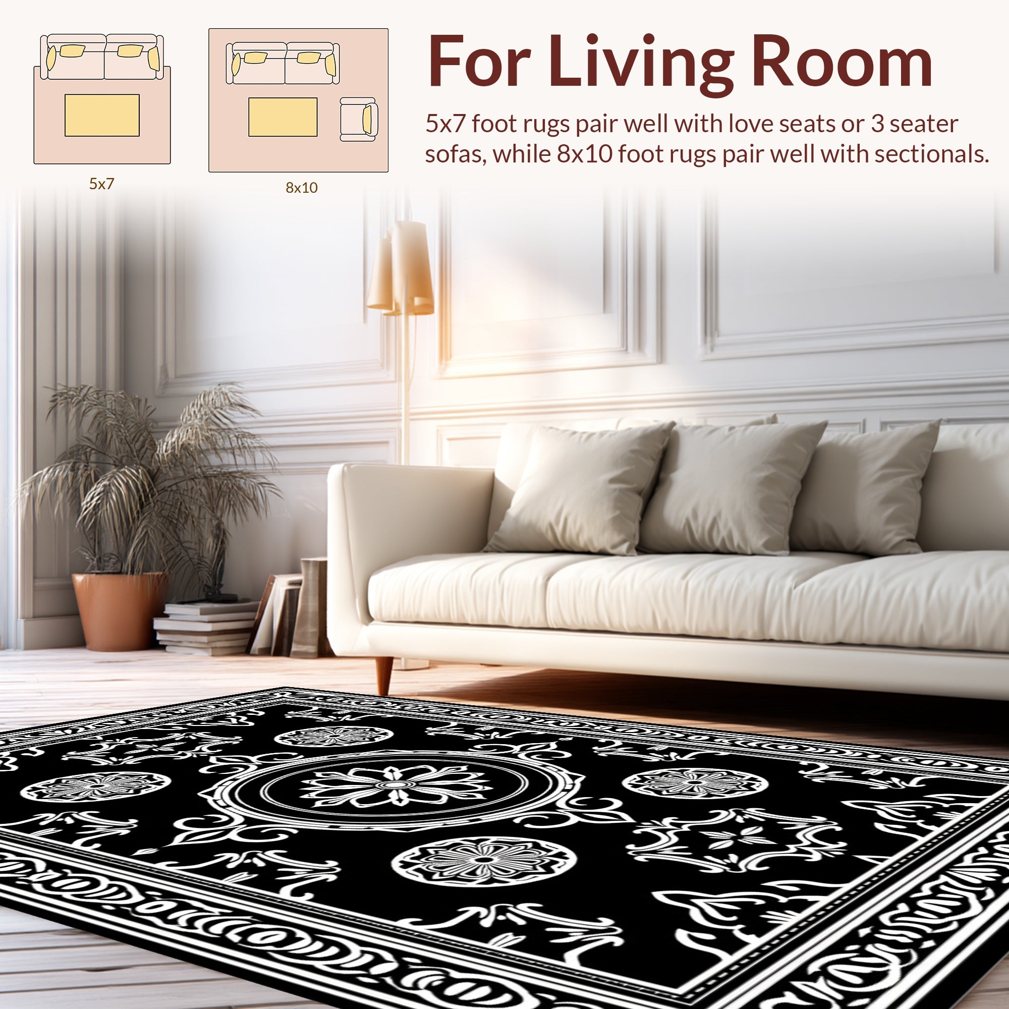 Classic Black White Floral Medallion Rug