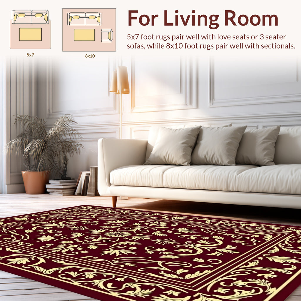 Elegant Floral Bordered Burgundy Design Rug