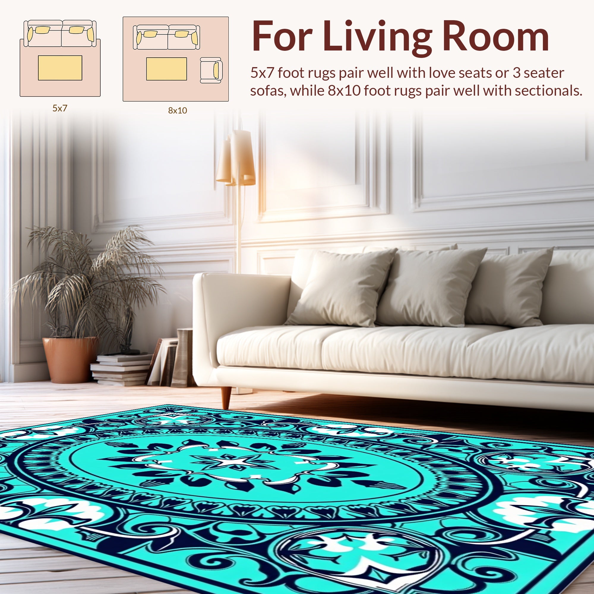 Bold Teal White Floral Medallion Rug