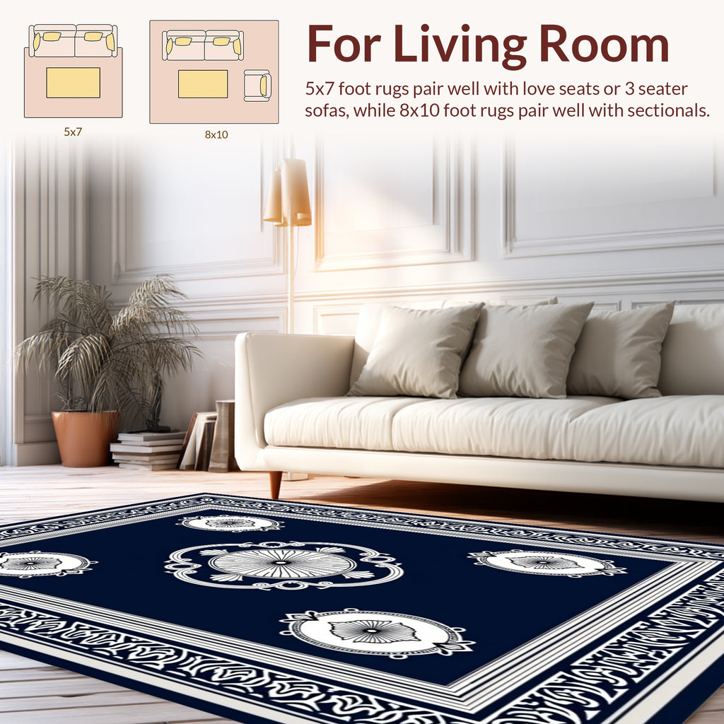 Classic Dark Navy White Medallion Rug