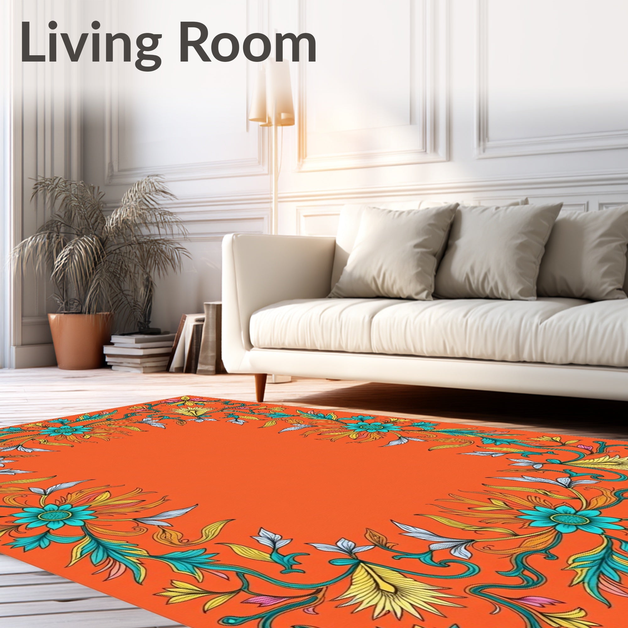 Vibrant Floral Scroll Border Design Rug