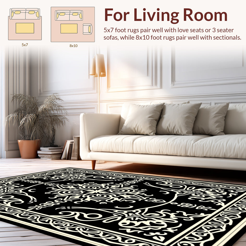 Elegant Black White Scroll Pattern Rug