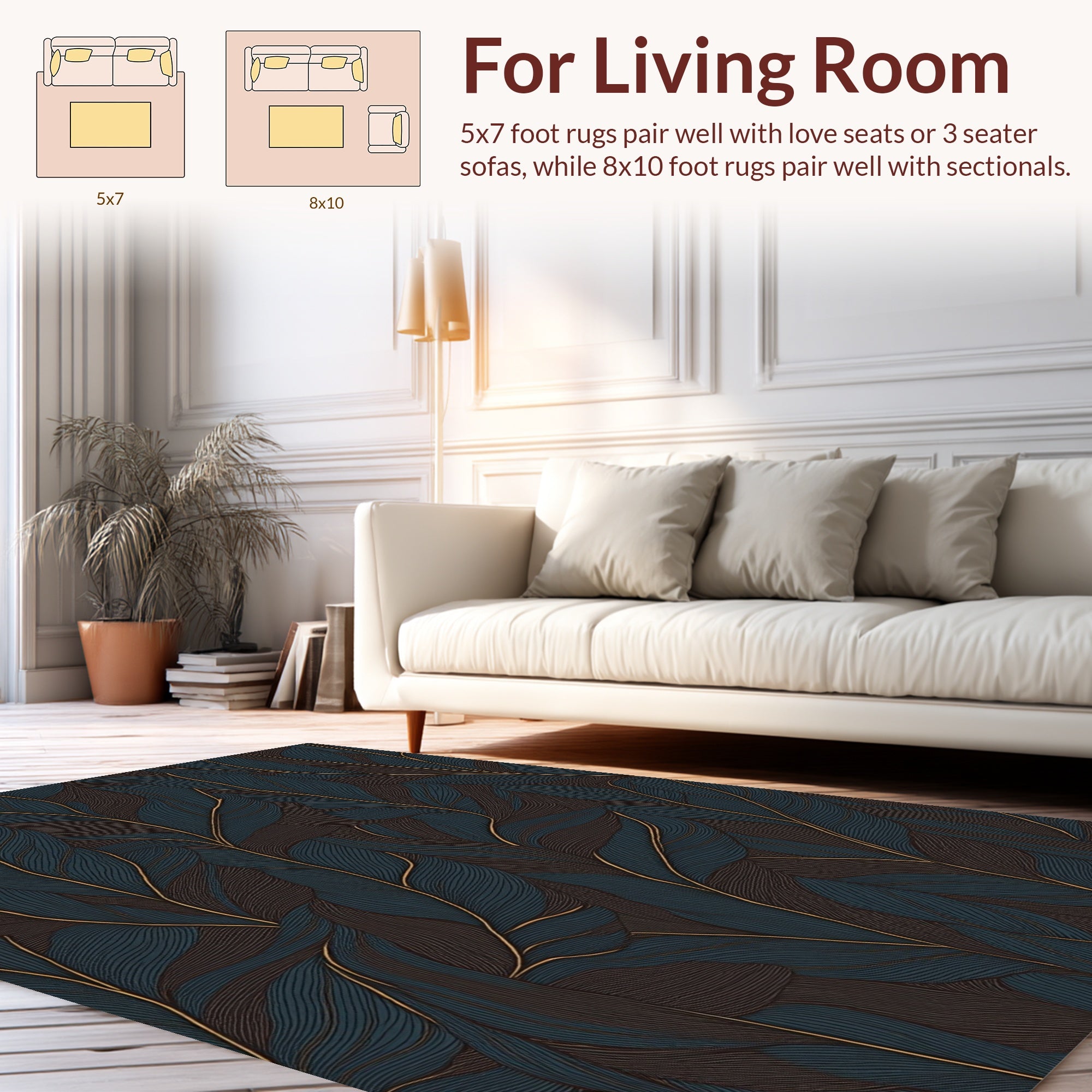 Dark Teal and Gold Feather Pattern Rug
