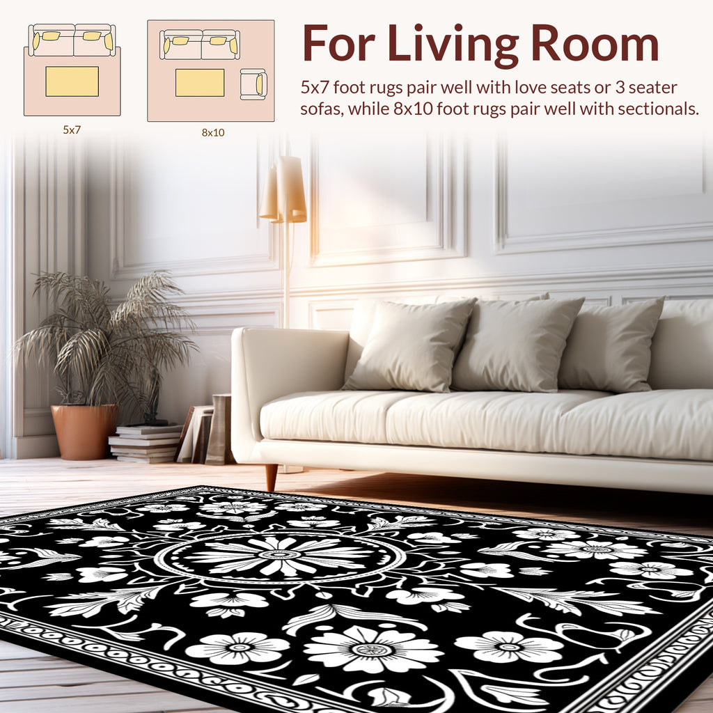 Black White Floral Medallion Pattern Rug