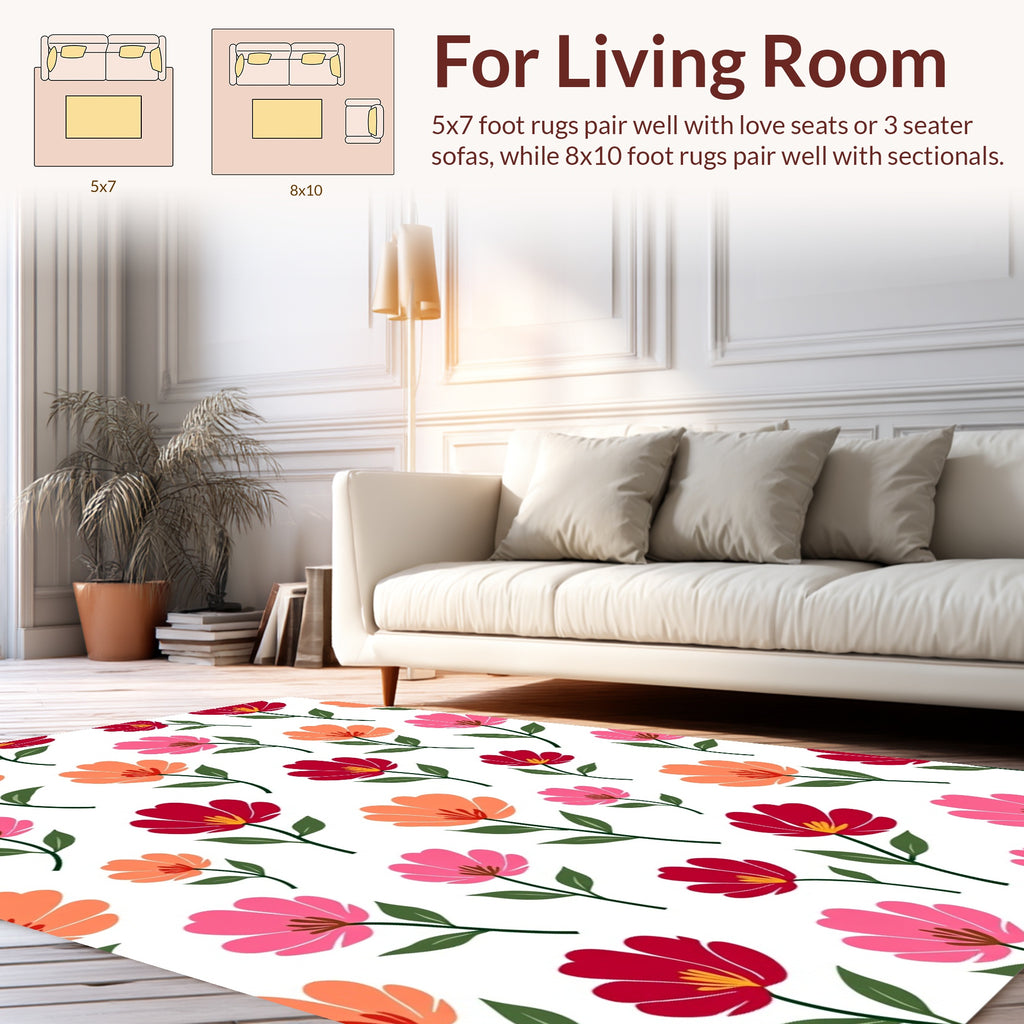 Whimsical Floral Pattern Red Pink Orange Rug