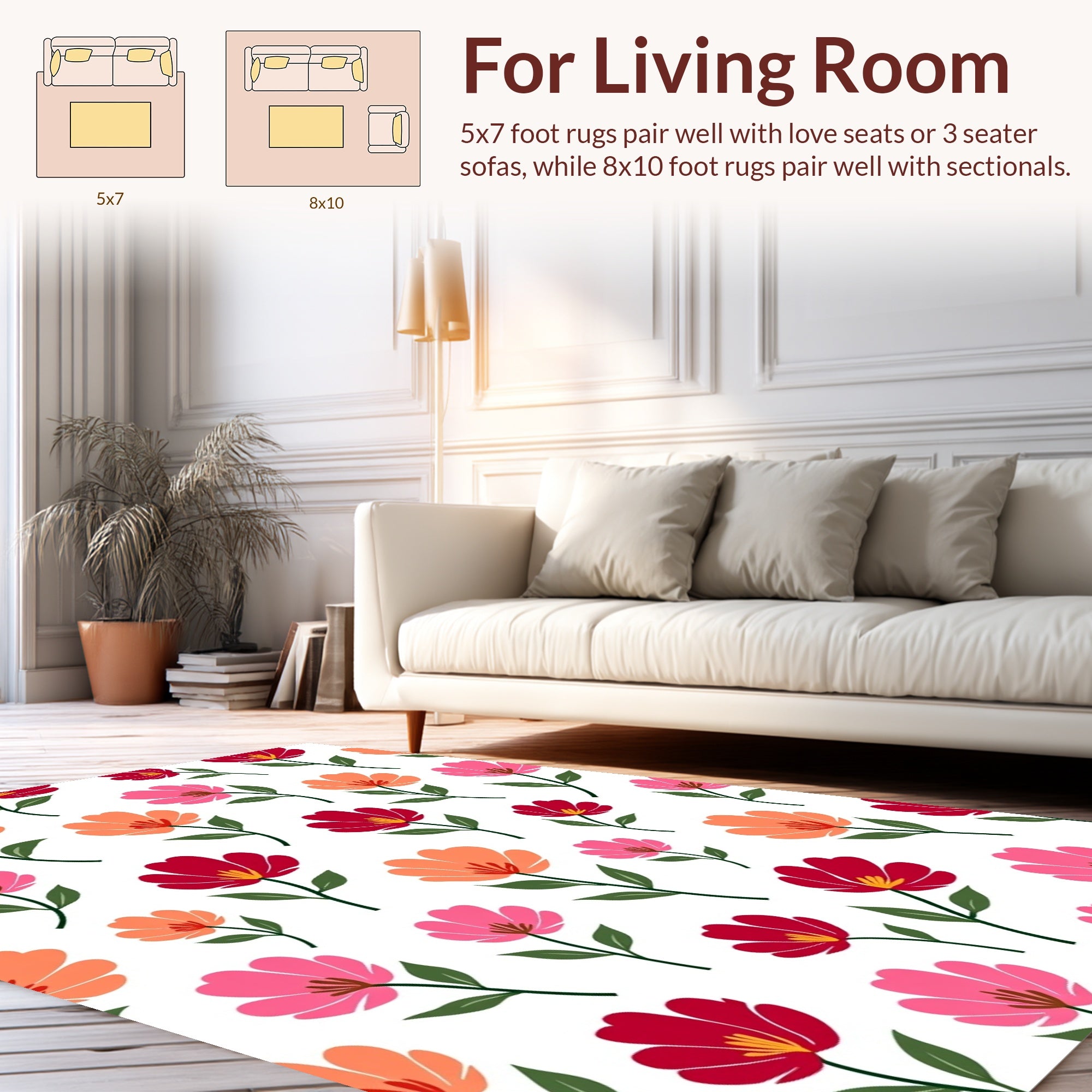 Whimsical Floral Pattern Red Pink Orange Rug