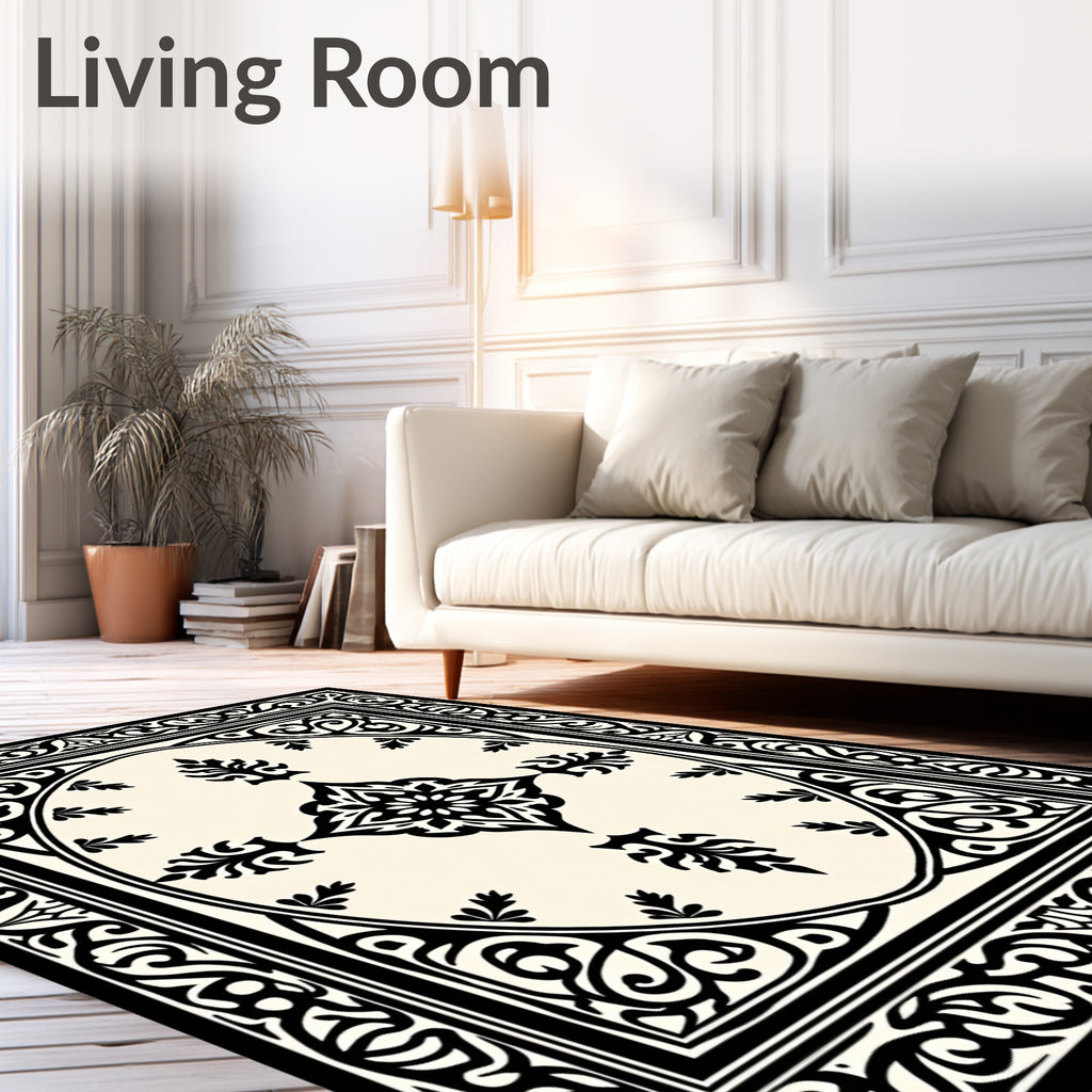 Classic Black Cream Arabesque Frame Rug