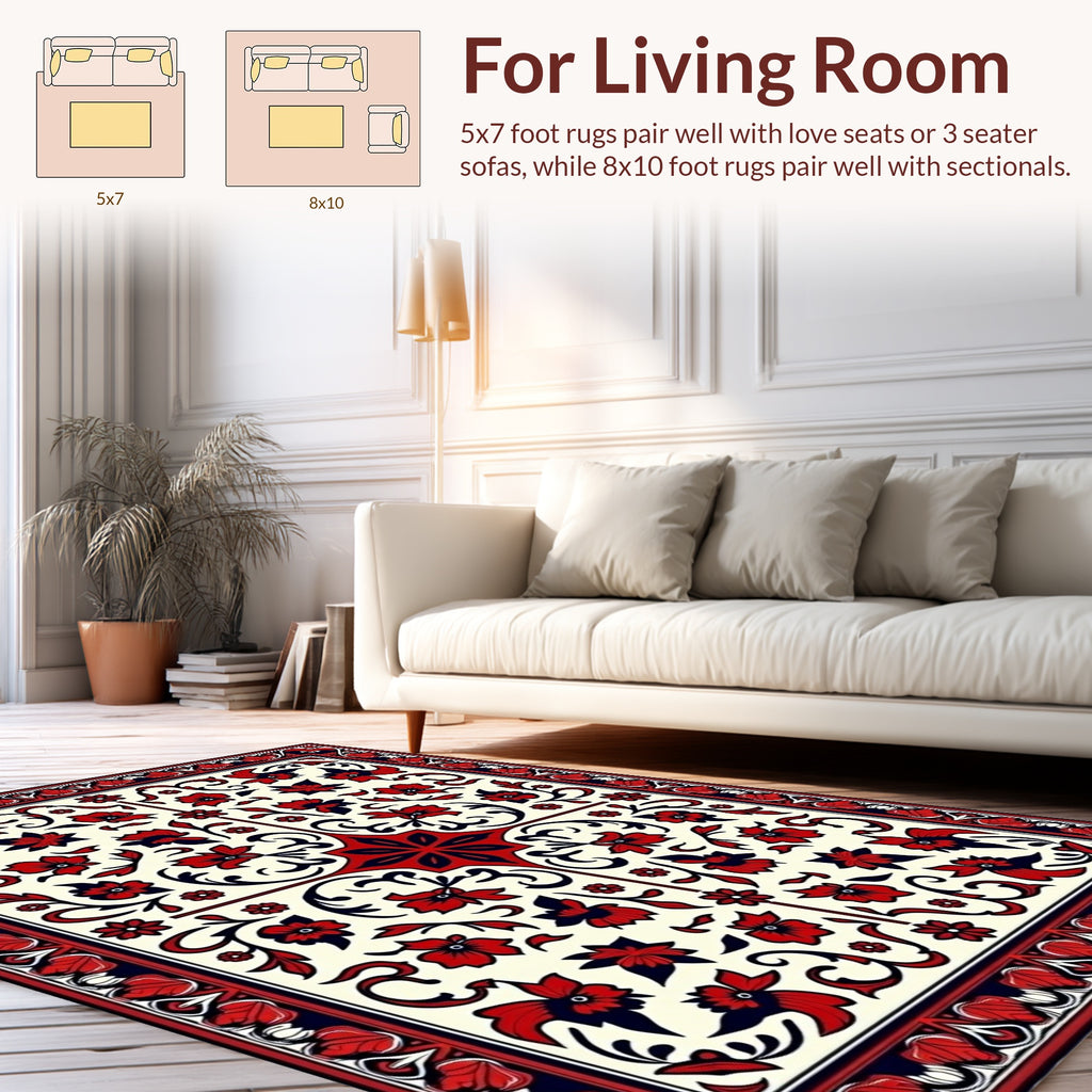 Intricate Floral Swirl Red Navy Rug