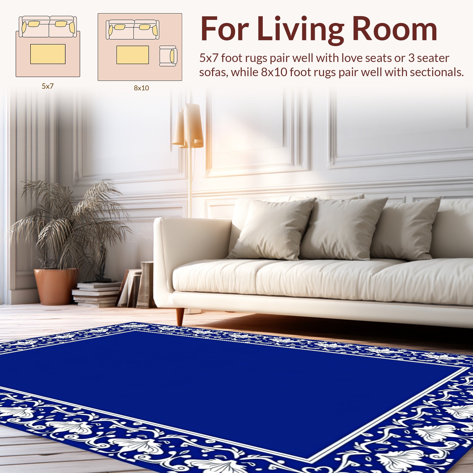 Classic Blue White Floral Border Design Rug