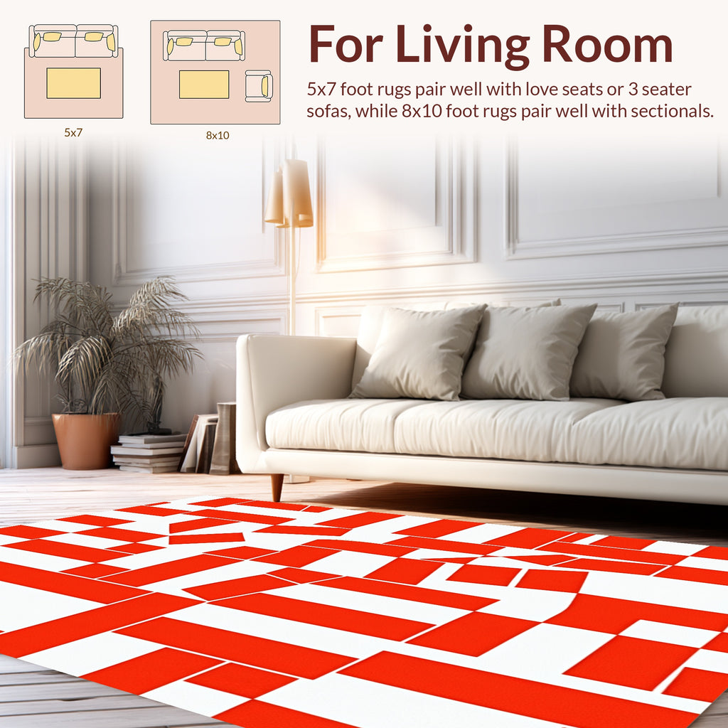 Abstract Red White Geometric Pattern Rug