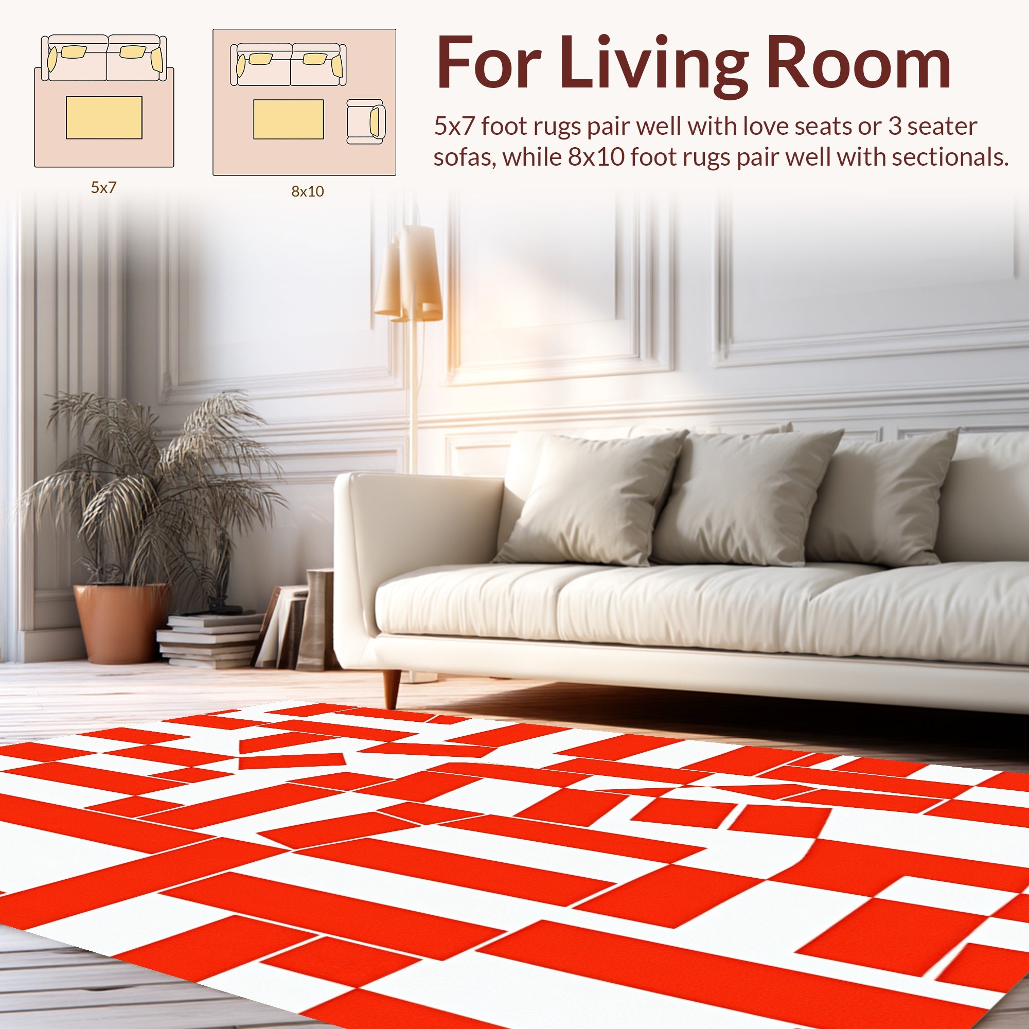 Abstract Red White Geometric Pattern Rug