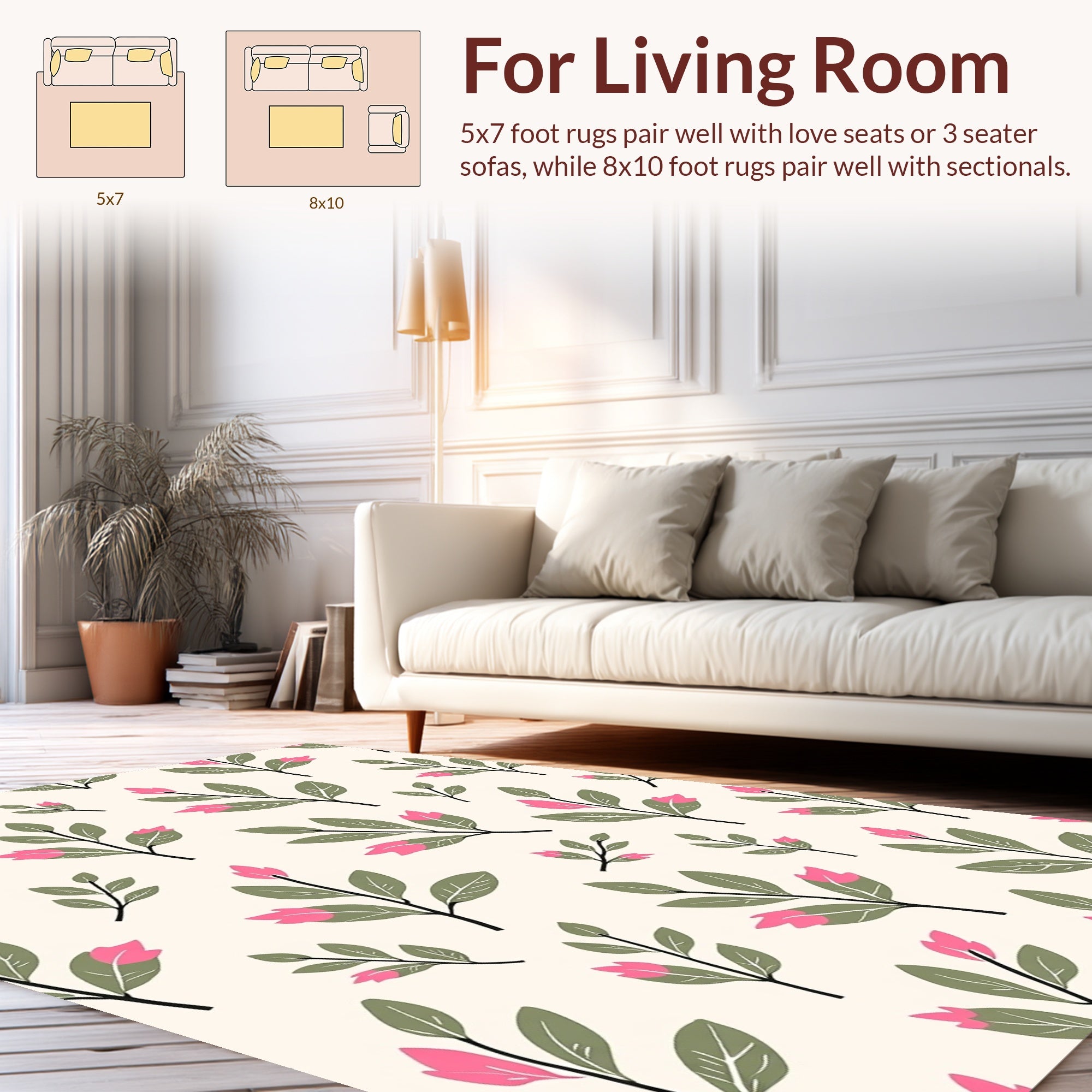 Abstract Pink Buds Green Leaves Pattern Rug