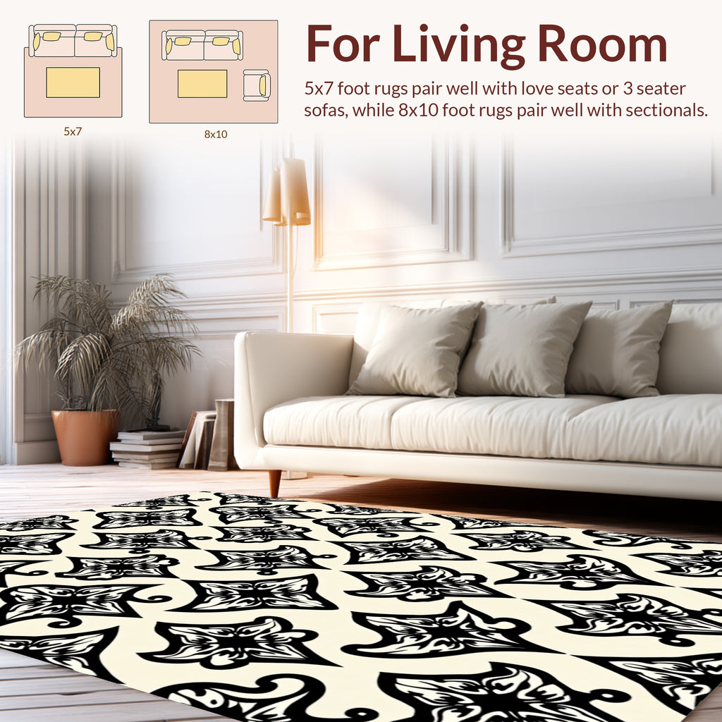 Elaborate Black Floral Damask Pattern Rug
