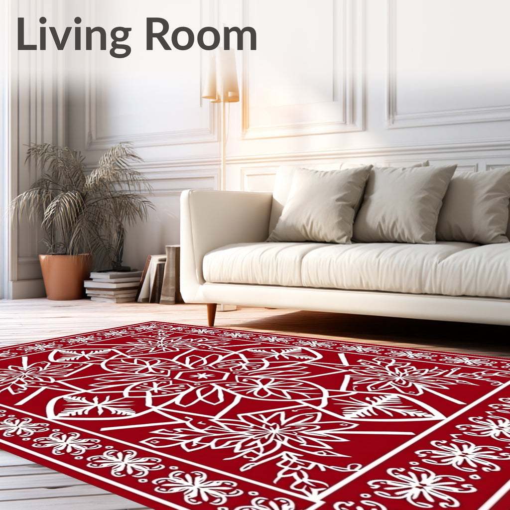Red White Floral Geometric Medallion Rug