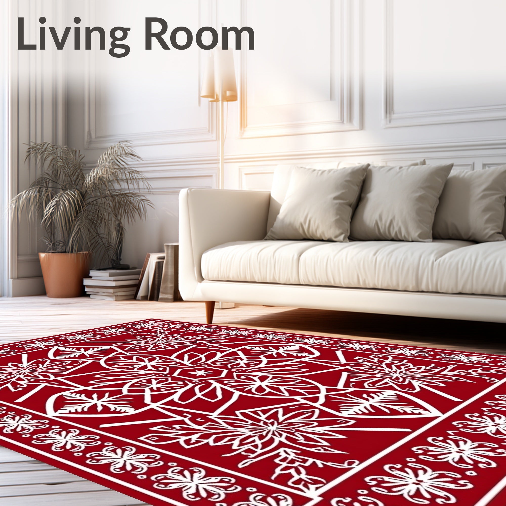 Red White Floral Geometric Medallion Rug
