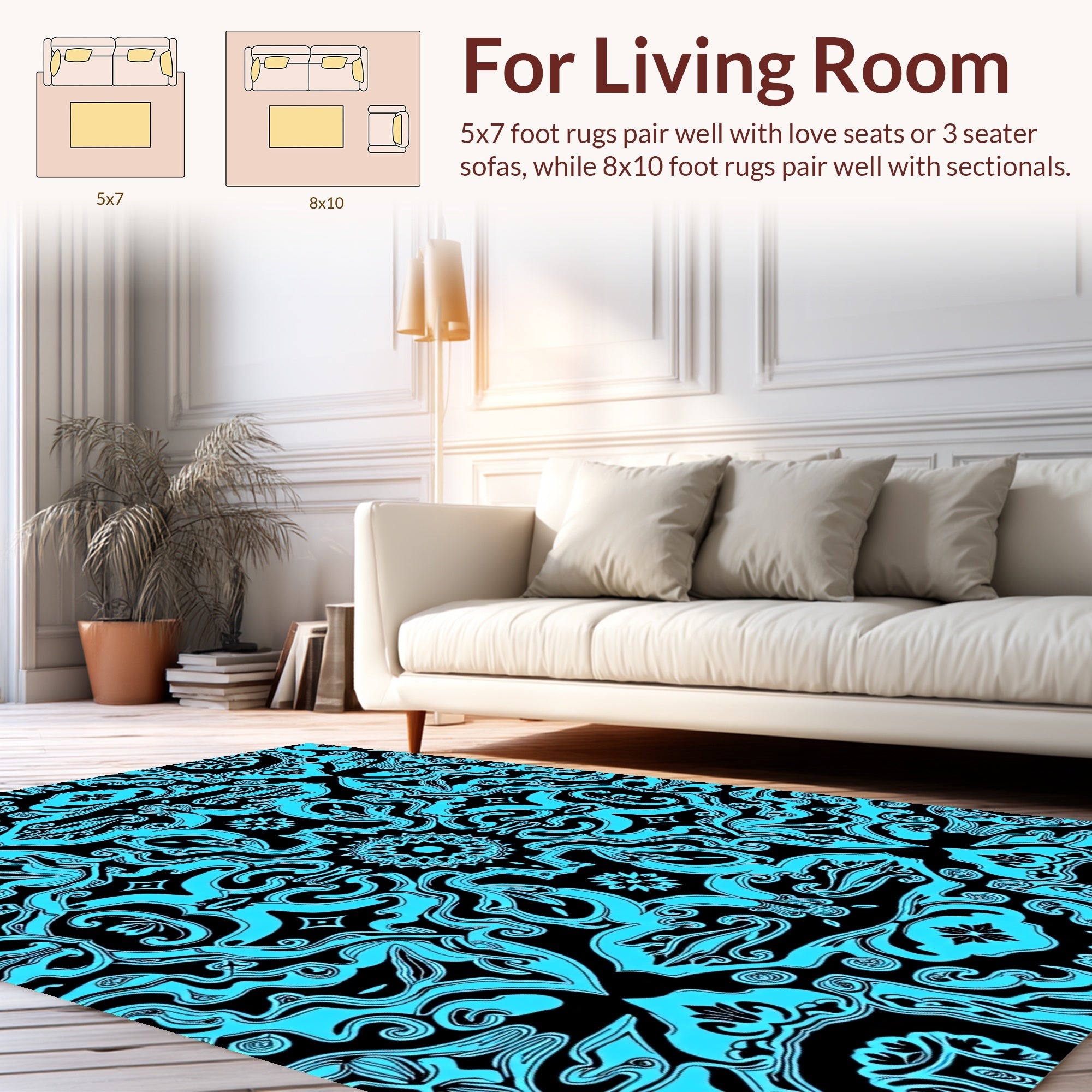 Cyan Ornate Floral Mandala Pattern Rug