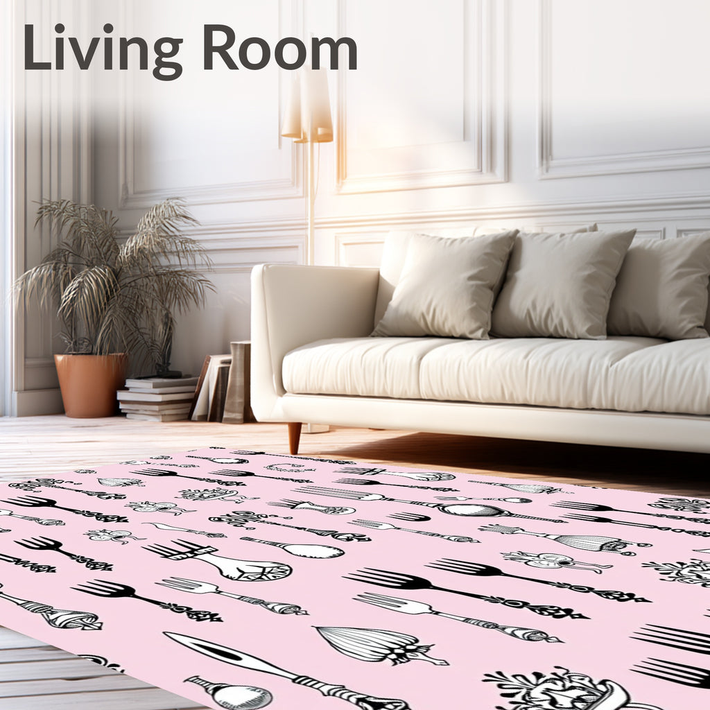 Ornate Utensil Collection on Pink Background Rug