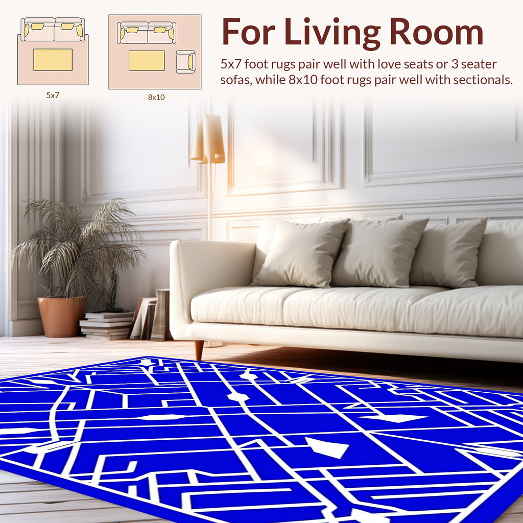 Modern Geometric White on Blue Rug