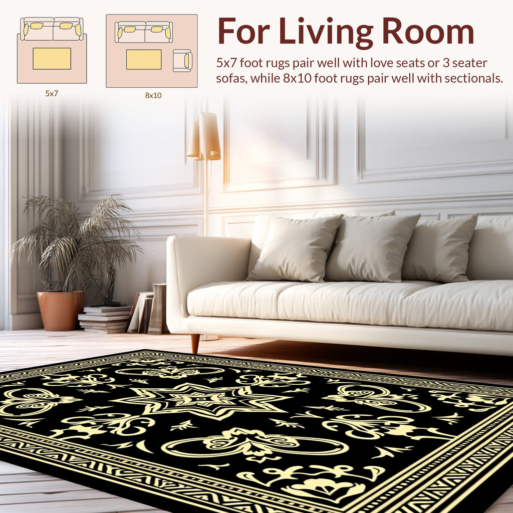 Black Gold Ornamental Floral Design Rug