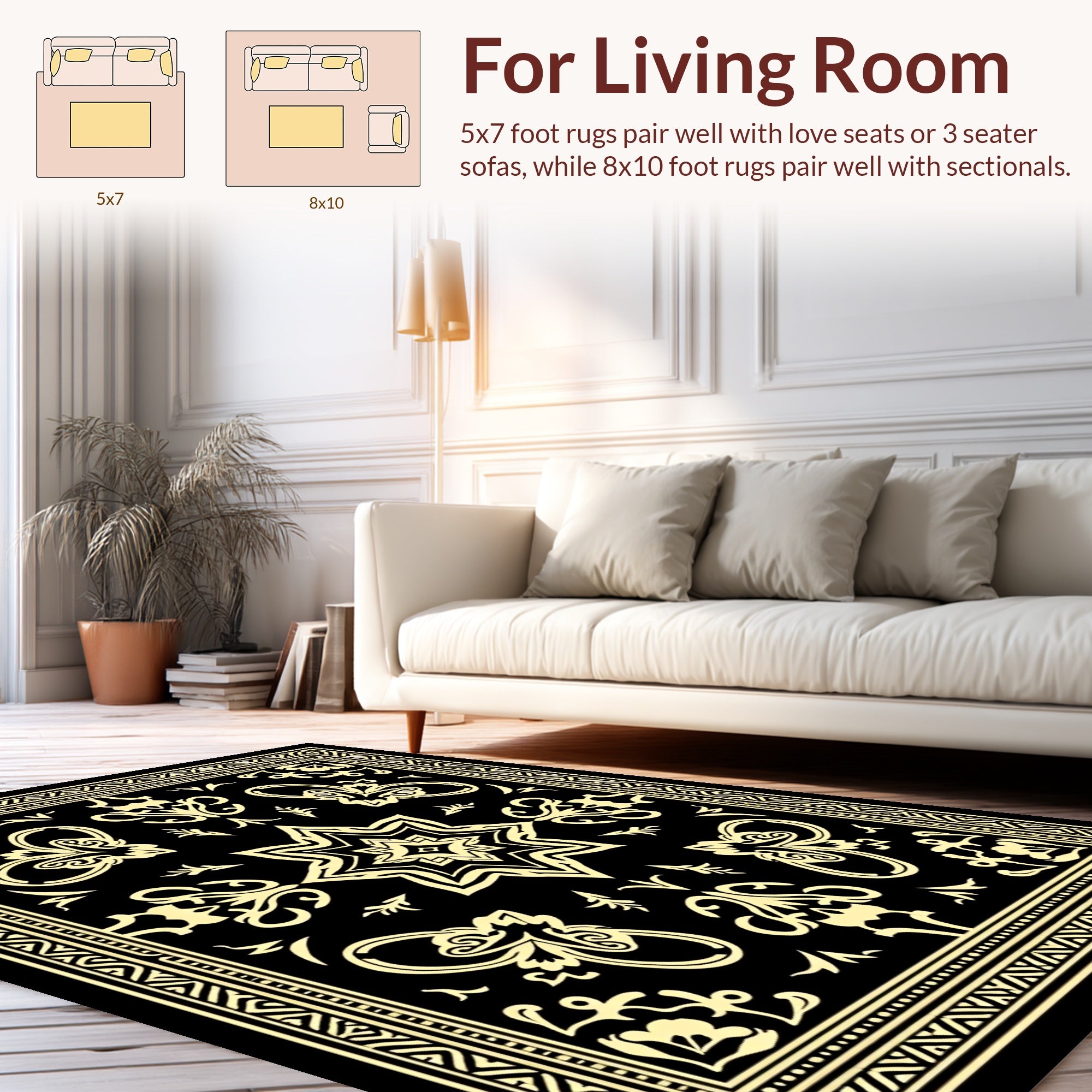 Black Gold Ornamental Floral Design Rug