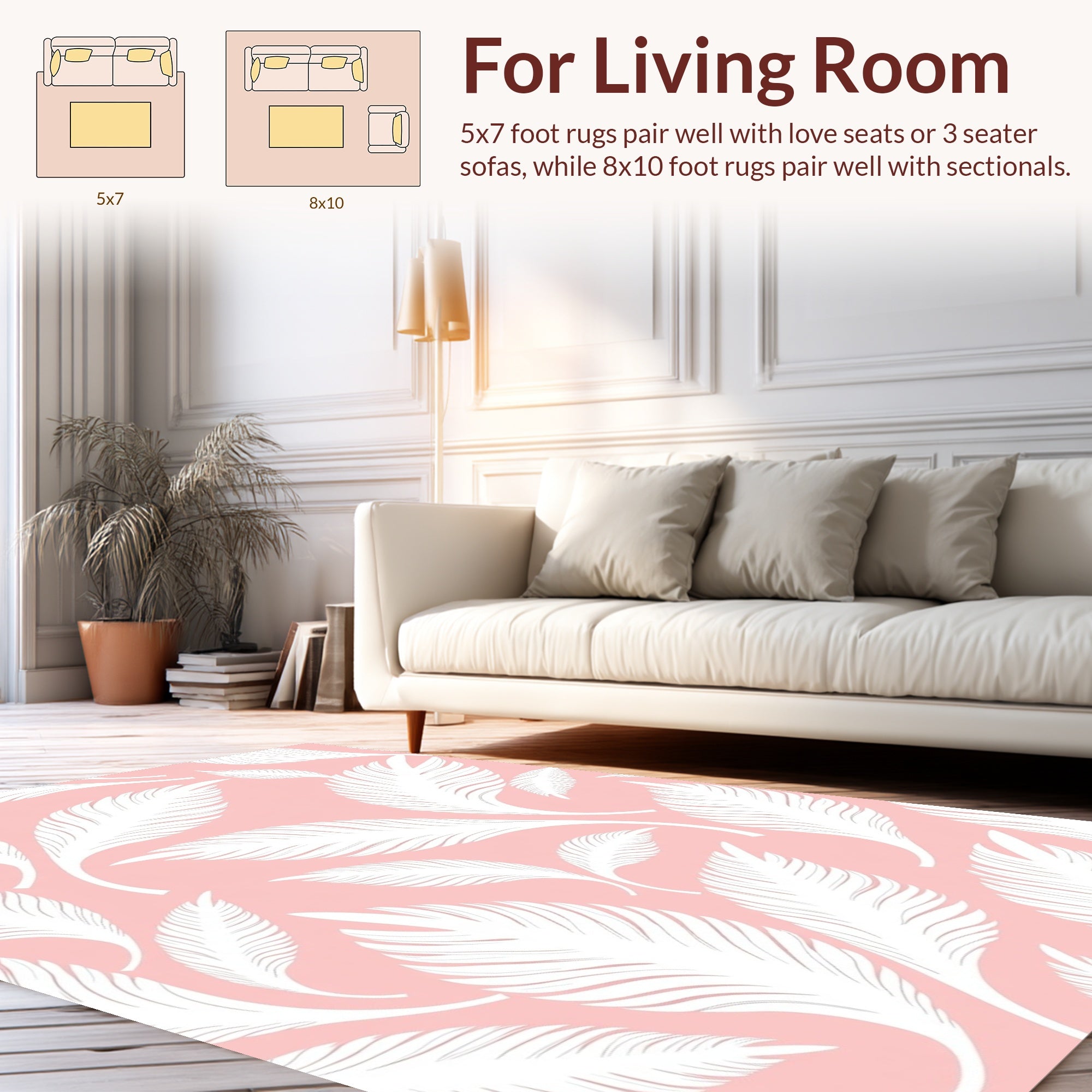 White Palm Leaf Patterned Pink Rug