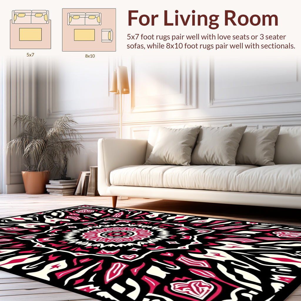 Bold Black Red Floral Mandala Design Rug