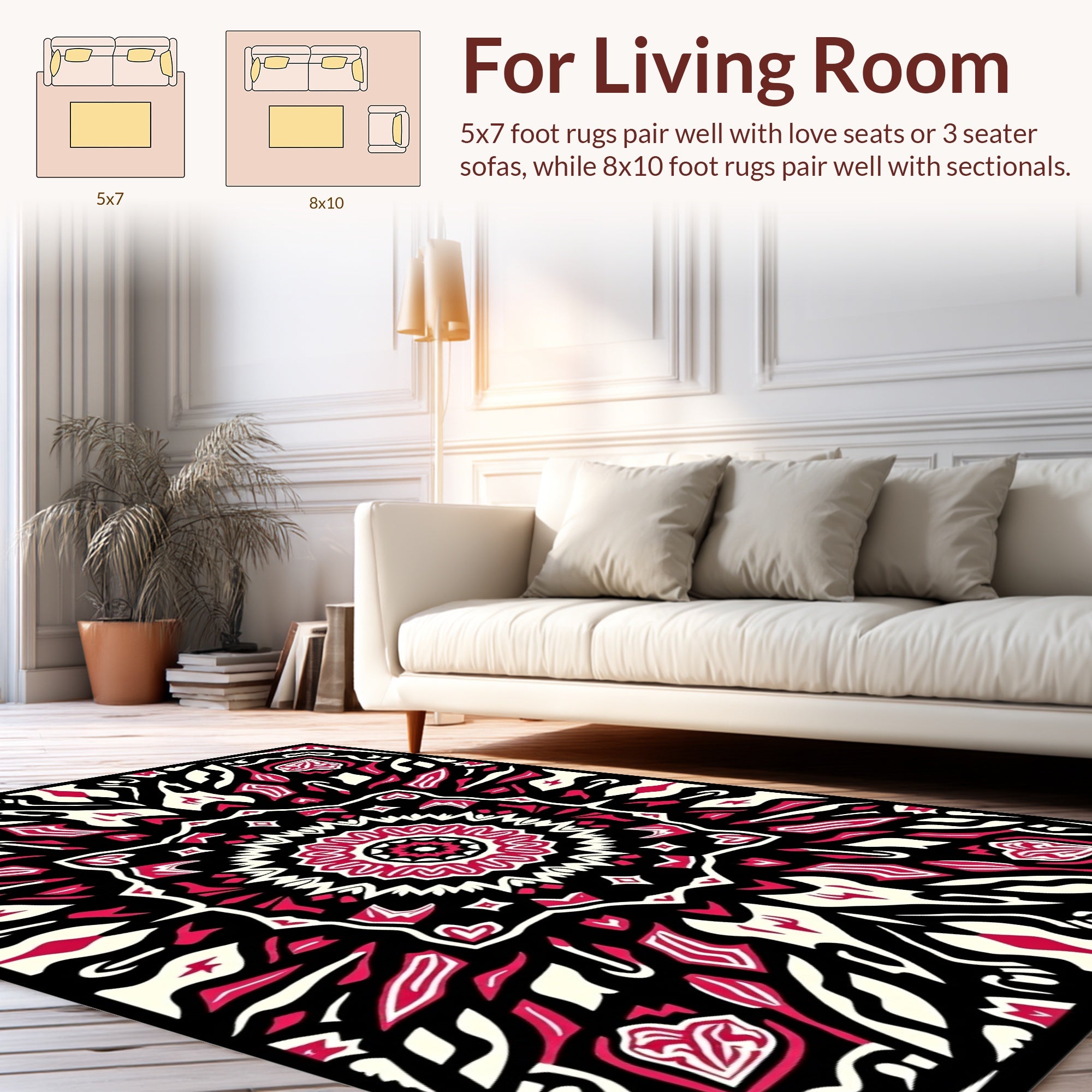 Bold Black Red Floral Mandala Design Rug