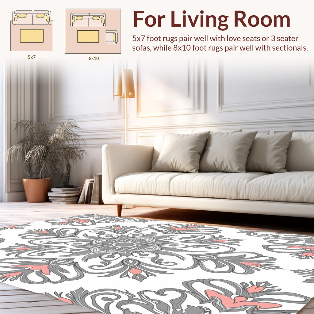 Ornate Gray and Coral Floral Medallion Rug