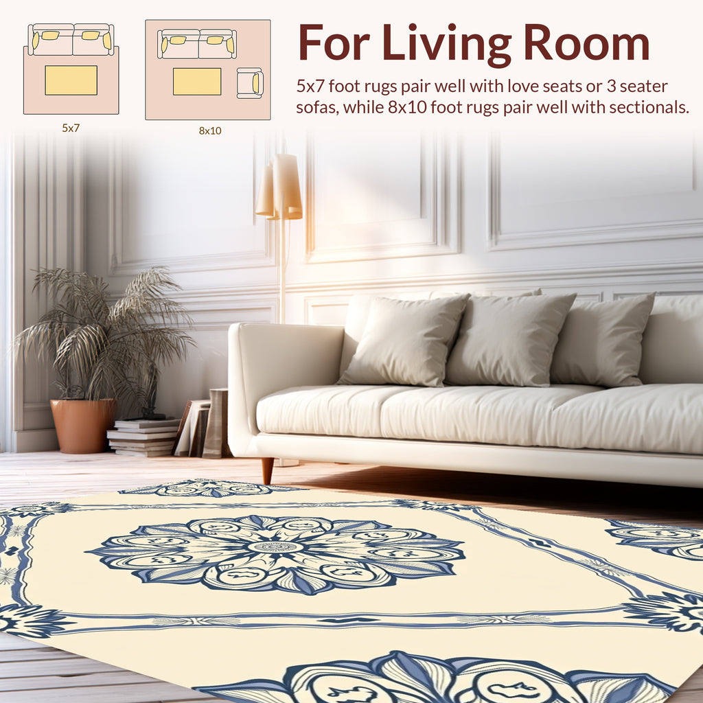 Floral Medallion Cream Blue Pattern Rug